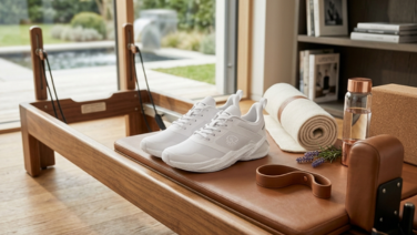 A pair of white Giesswein sport sneakers on a Pilates Reformer, next to a rolled-up yoga mat, a water bottle, a cork block, and a leather strap.